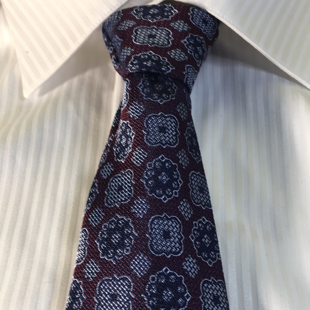 Black & Brown- 1826  deep red with navy & silver design pattern. 100% silk NWT